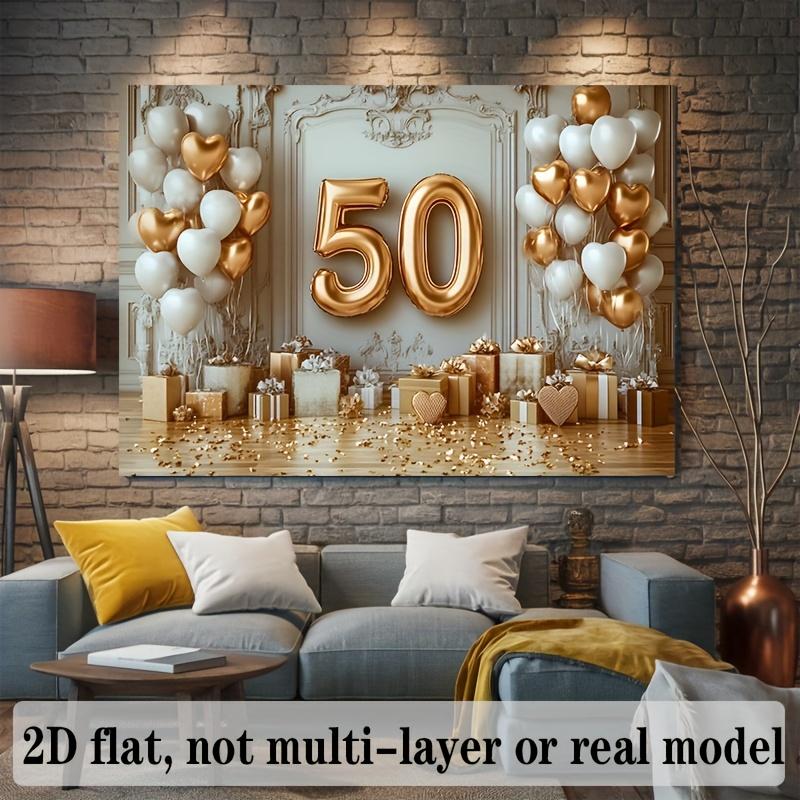 2D flaches Banner, 1 Stück. Elegante 50. Hochzeitstag Platin Funkelnde Pulverballons und Champagner Hintergrund Dekoration