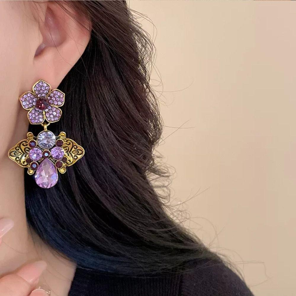 Shining Vintage Flower Earrings Elegant Purple Earrings Sweet Rhinestone Drop Earrings  Women