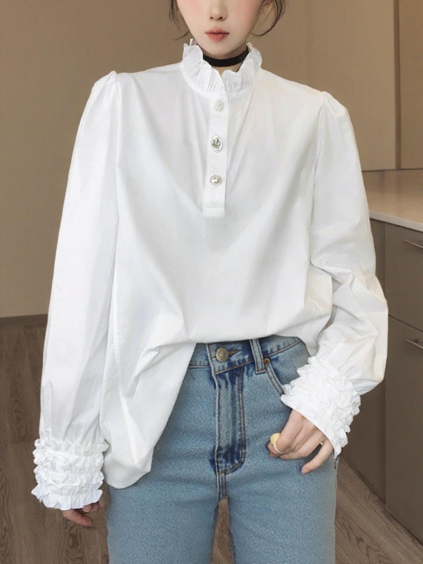 Women s Mid-Length Ruffle Stand Collar White Shirt - Spring 2026 Collection One Size белый