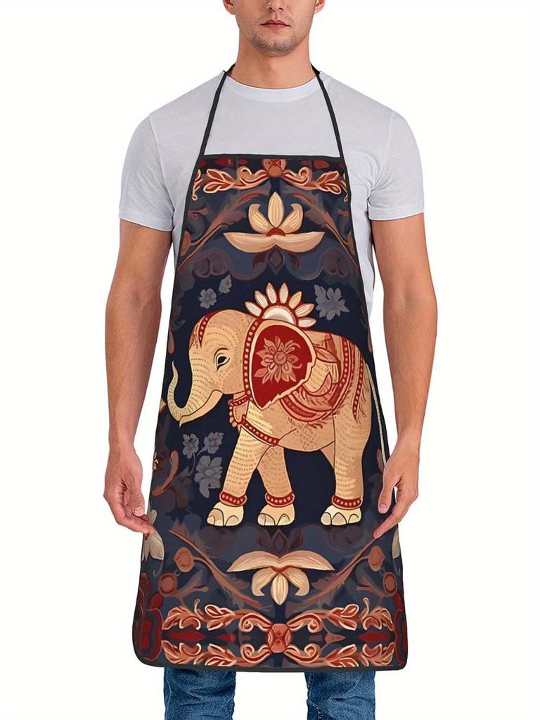 1pc Vintage Bohemian Elephant Print Kitchen Apron, Waterproof Oilproof Cooking Apron for Home Restaurant BBQ