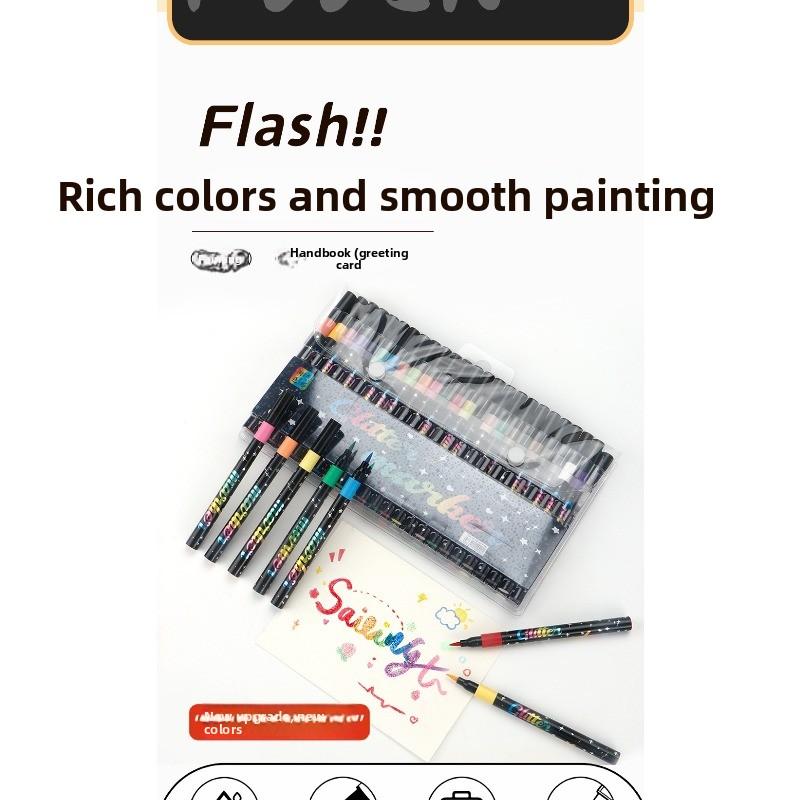 48 Renkli Simli Keçeli Kalemler - Simli Uçlu Neon Parlak Floresan Simli Kalemler, Yağ Bazlı Mürekkep, Orta Uç