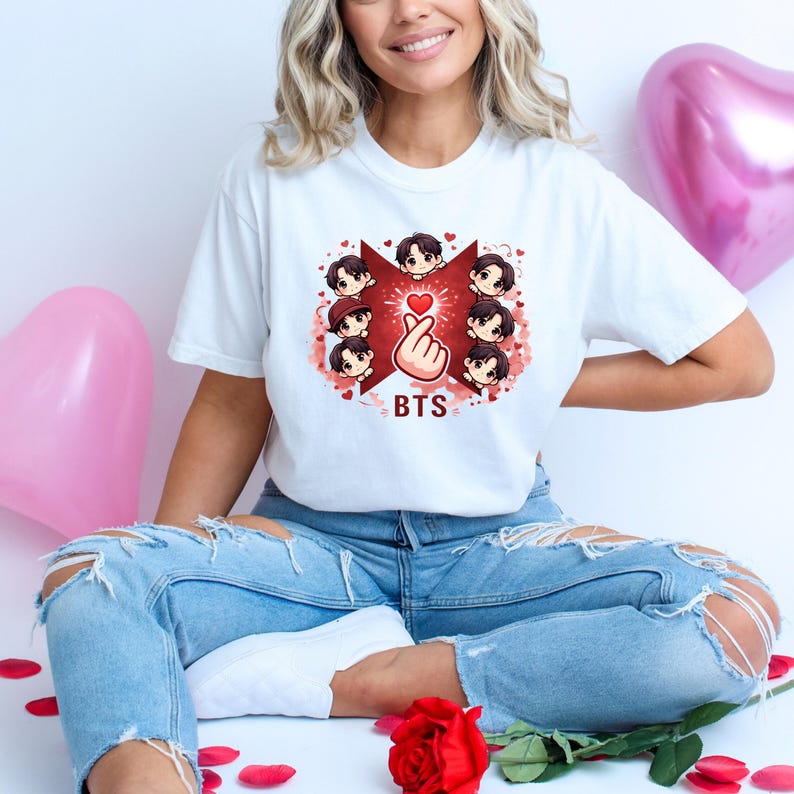

2026 BTS Чиби Красная Рубашка, Милая Kpop Футболка с Пальцевым Сердцем, Валентинка BTS, Подарок для ARMY, Романтическая Kpop Футболка, Винтажный Стиль 4XL