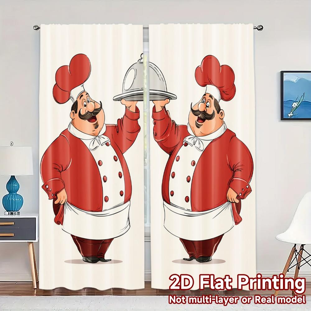 

Flat Printing Jit Curtains Without Rod Chef Duo Delight Popular Print Versatile Durable Polyester Curtain Set Of 2 Made Washable W100*H70(CM)-Hooks&2PCS