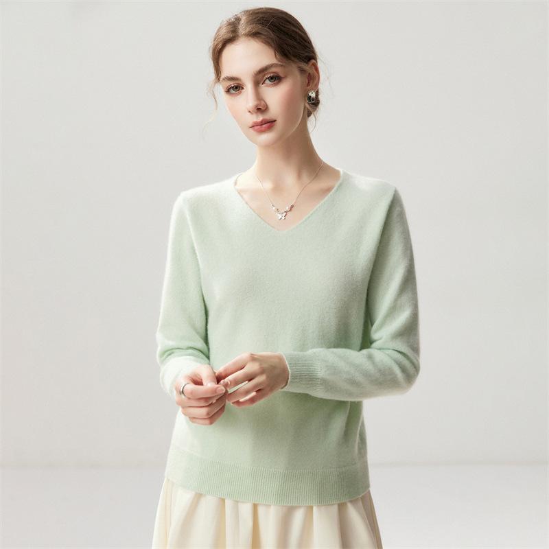 Lekasha Women's Cashmere Goat Wool V-Neck Pullover: Autumn/Winter Plain, Solid Color, Loose Fit Base Layer.