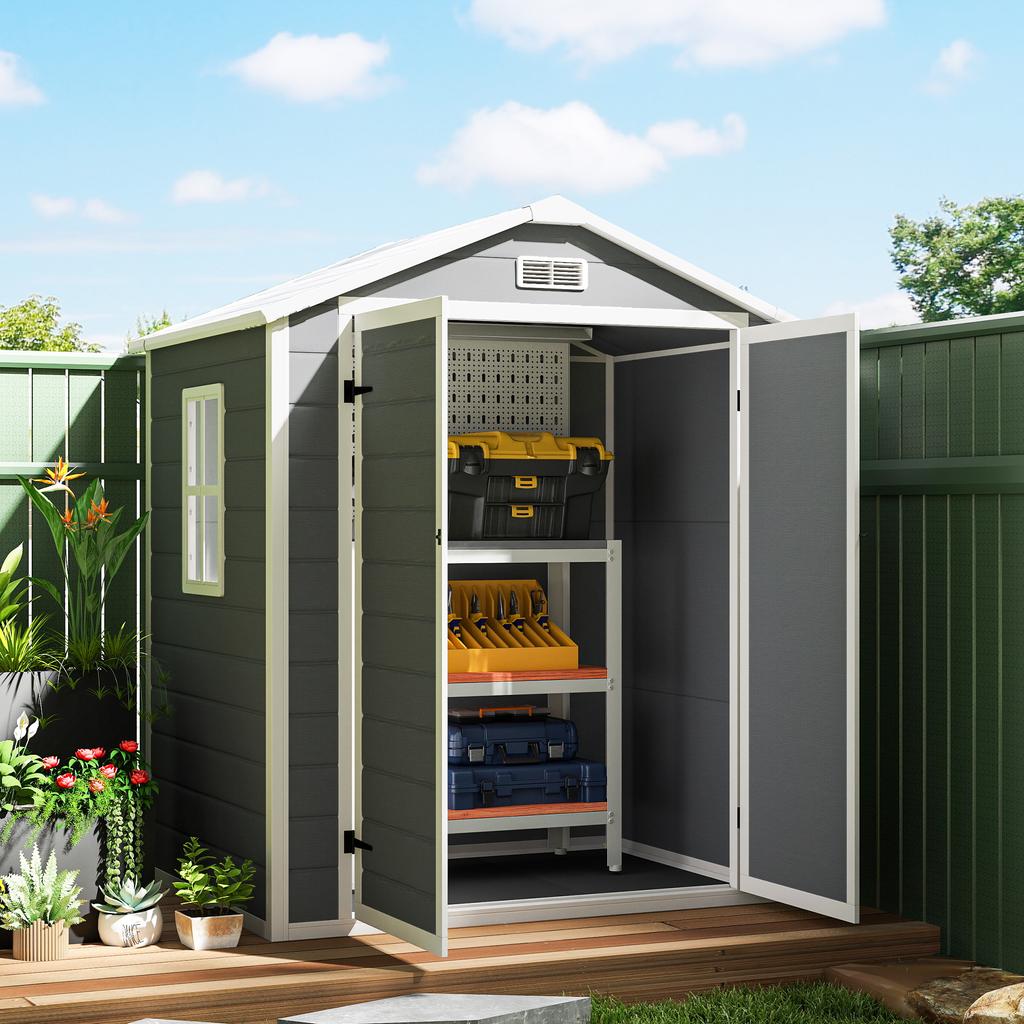 6'x4.5' Garden Storage Shed, Lockable Garden Shed with Double Doors, Window, Vent and Plastic Roof, Grey