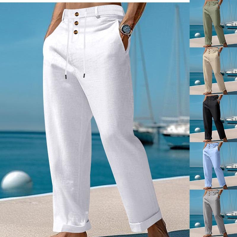 

Autumn New Trousers with Buttons, Versatile Beach Straight-leg Temperament Men s Casual Trousers S белый