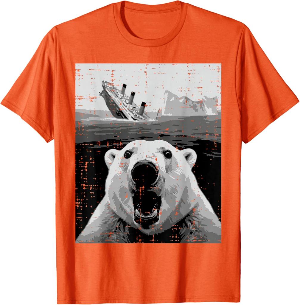Polar Bear Sinking Titanic Meme Graphic Tee Funny Casual Short Sleeve TShirt for Men Women