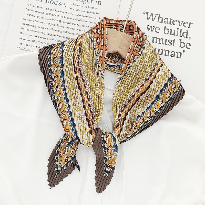 Retro Color Block Crinkled Square Scarf - 70cm Pleated Neckerchief in Imitation Silk for Women