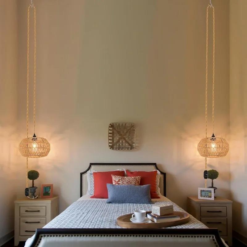 Boho Style Retractable Rattan Ceiling Pendant Light With Dimmable Switch Bamboo Light Fixture,Kitchen Island Lamp