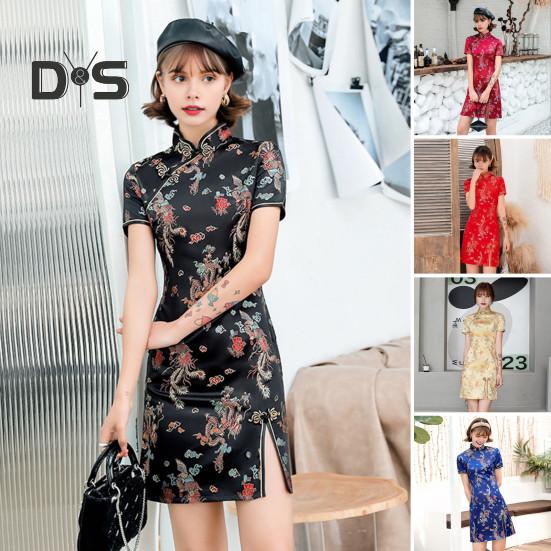 Kvinnor Sommar Cheongsam Stativ krage Dragon Phoenix Tryck Delad fåll Qipao Slim Fit Retro kinesisk stil Ovanför knälängd Bröllopsfest Cocktailklänning