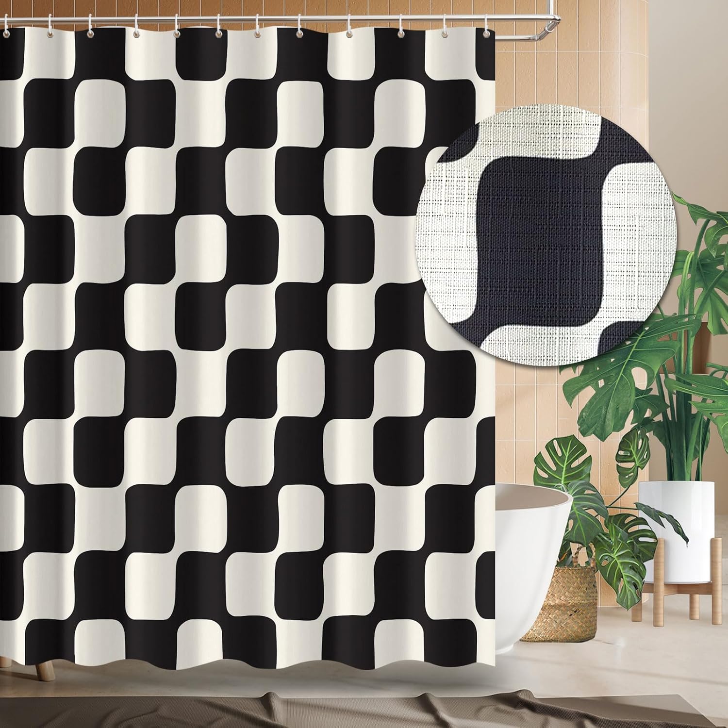 

Retro Checkerboard Grid Pattern Faux Linen Fabric Shower Curtain, Beige Sage Green Classical Groovy Wavy Checkered Shower W60H190(CM)-1 Pcs