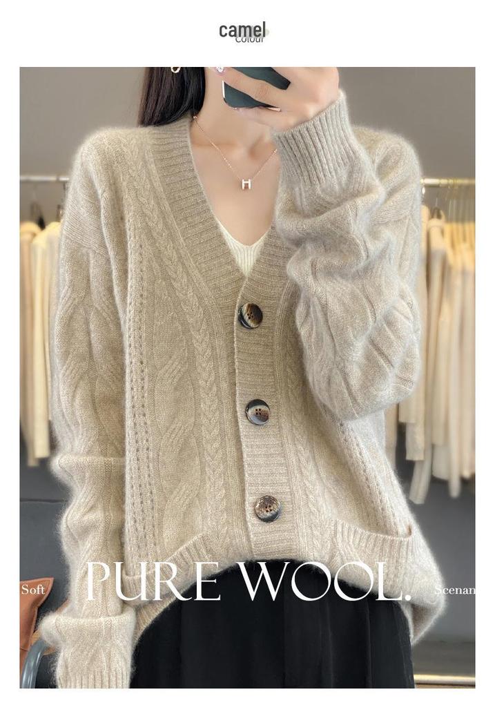 V-neck Pure Wool Loose Knit Cardigan – Long Sleeve Autumn/Winter Sweater