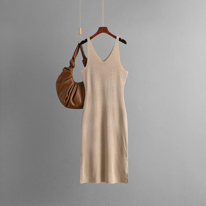 Sommer Dünnes Neckholder Kleid, V-Ausschnitt Ärmelloses Westenkleid, Saumschlitz Basis Strickkleid für Damen