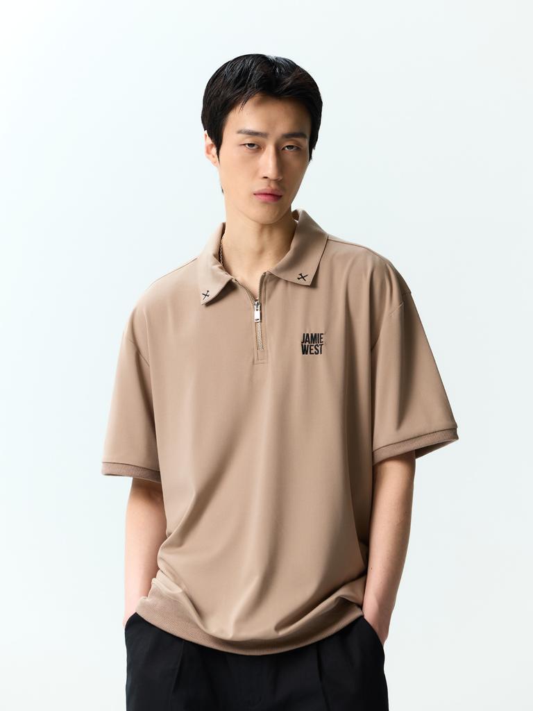 Jeimiweseuteu Half-Zip Jersey Collar T-Shirt (Beige)