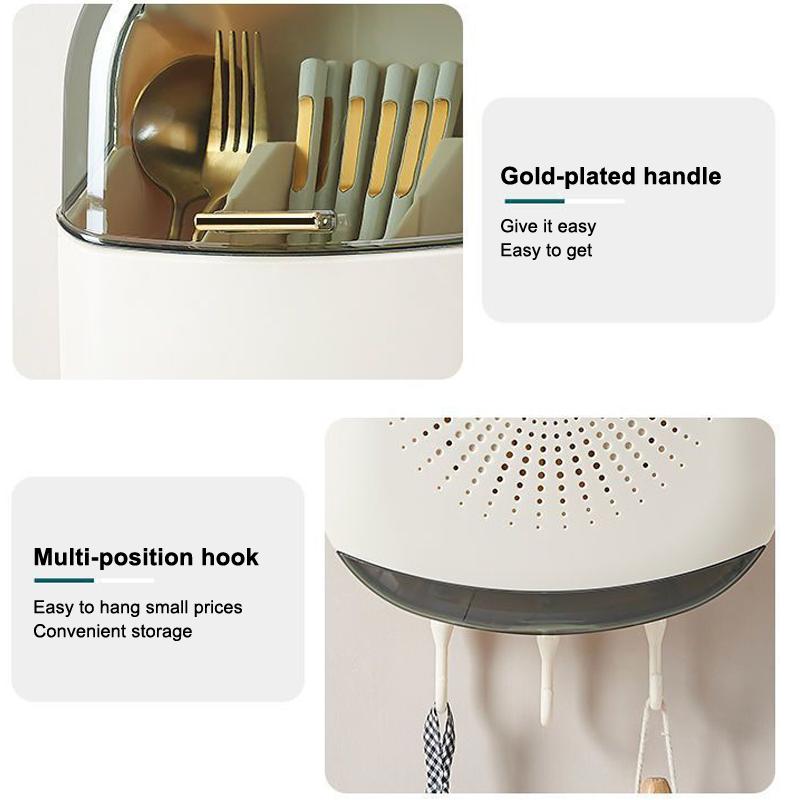 Kitchen Cutlery Storage Box Wall Mount Tableware Storage Holder With Lid Dustproof Spoon And Chopstick Organizer Drain Racks