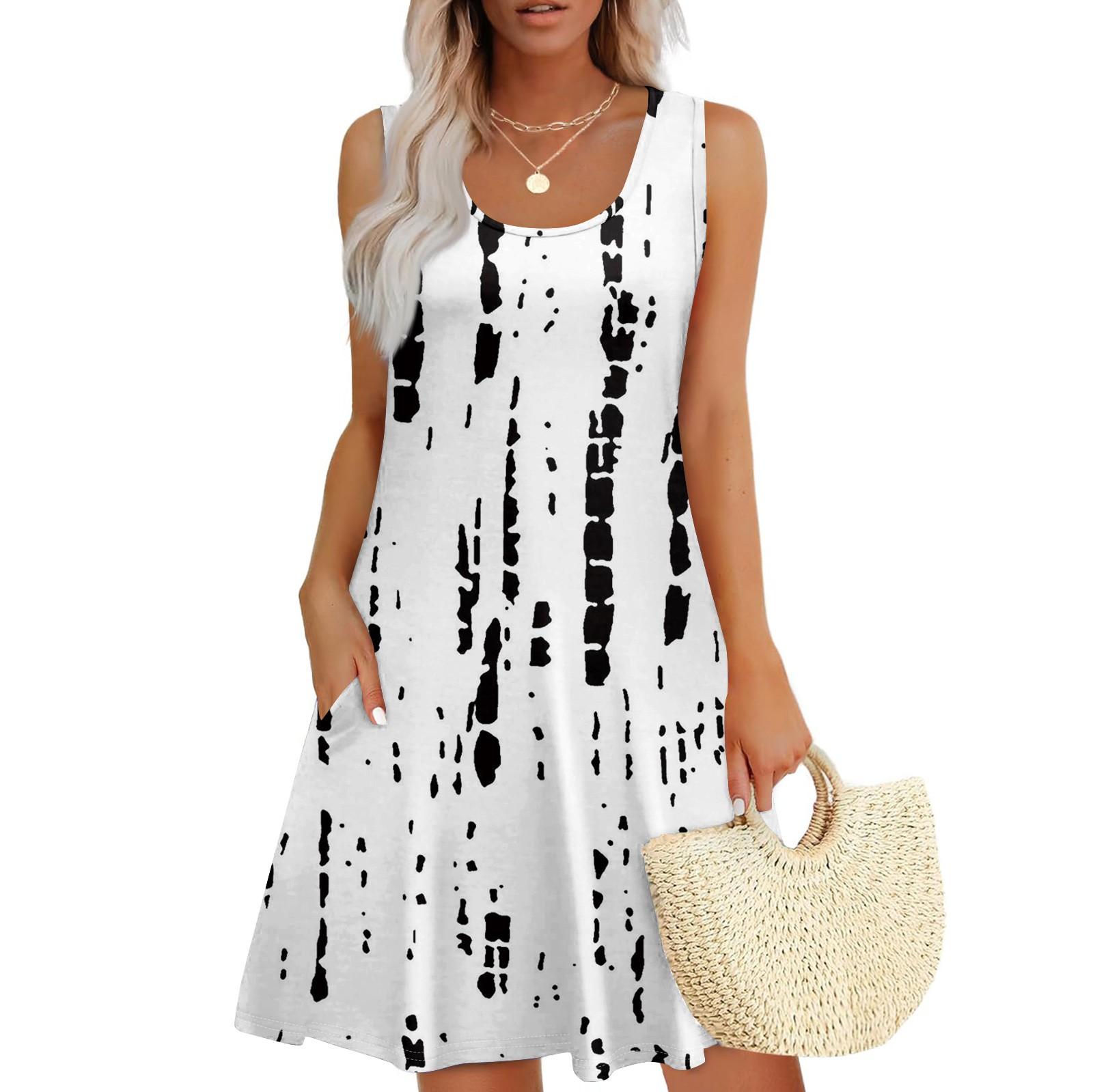 Women s Summer Casual Square Neck Patchwork Printed Dress Sleeveless Dress With Pockets XXL