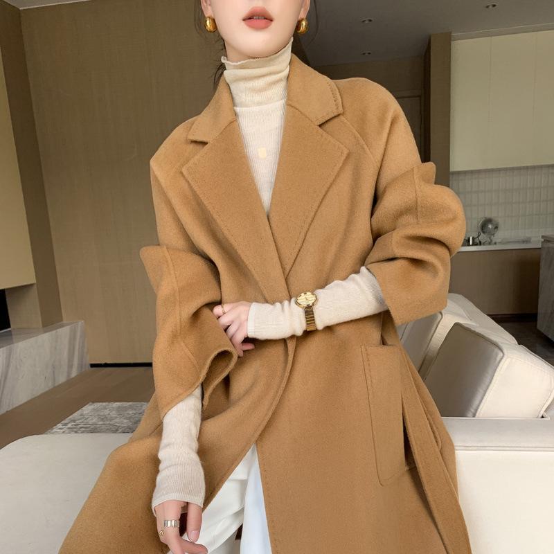 

Женское двустороннее пальто из шерсти высокого класса - Новый осенне-зимний стиль, Свободный крой средней длины, Пояс на завязках, Модное пальто из 100% шерсти. L (suitable for 140-160 lbs)