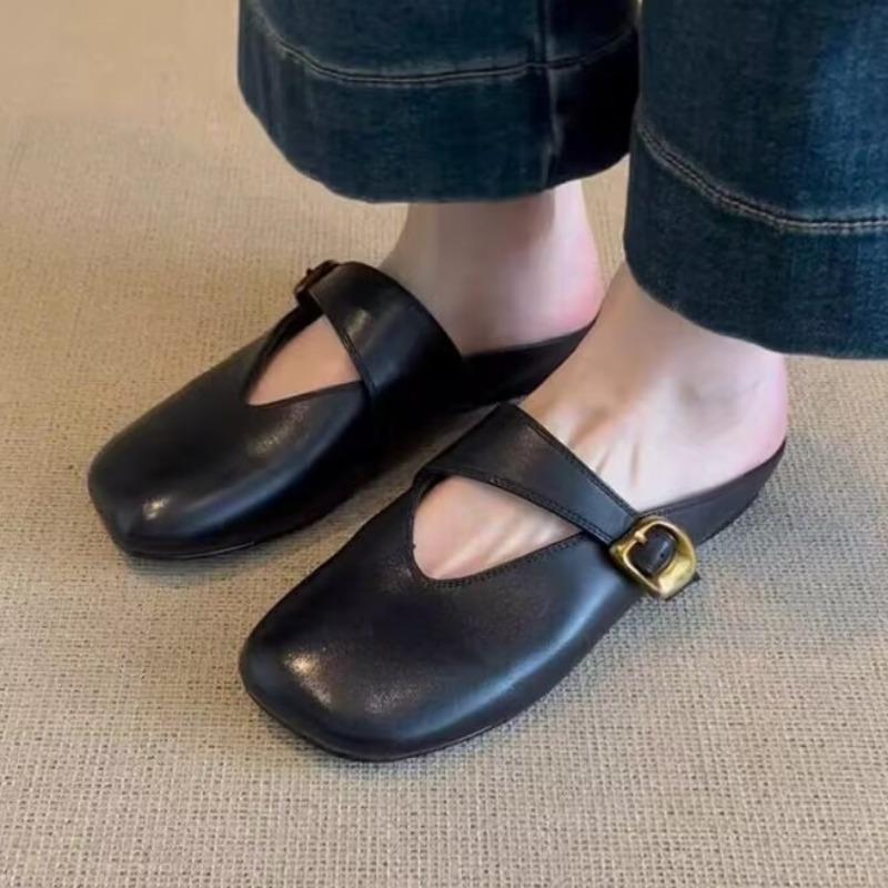 Fashion Women Flats Mules Shoes Elegant Leather Woman Slippers Fad Buckle Slingback Sandals 2025 Summer New Flip Flops Zapatillas Mujer
