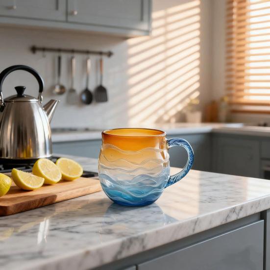 Sunset Ocean Cup Wave Pattern Water Glass 350ml Oceanic Theme Drinking Cup Artistic Drink Container for Beach Lovers