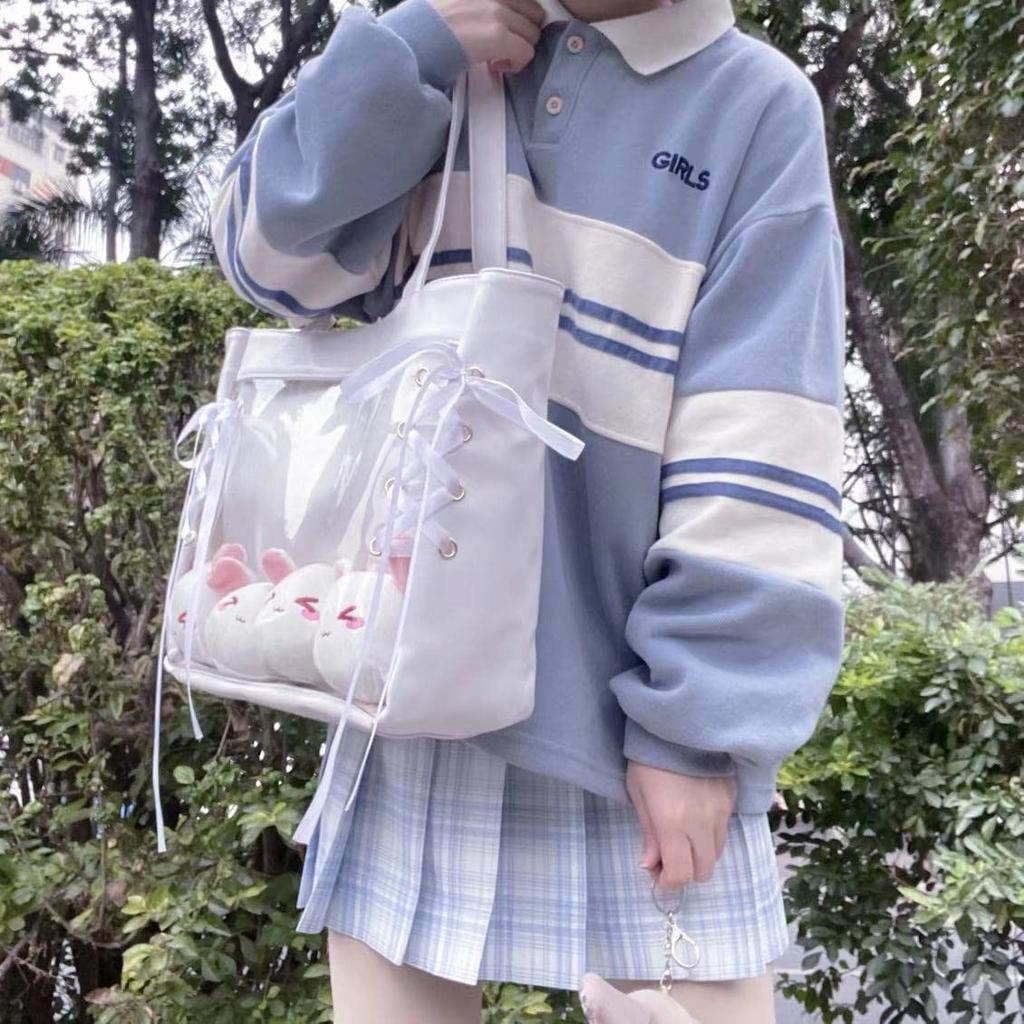 Harujio Ita Tote Oshikatsu A4 Schulter Große Rosa Tasche, Tasche, Tasche, Größe, Tasche, Niedlich, Fassungsvermögen, Beliebt, Schnürung, Schleife, Schwarz, Weiß,