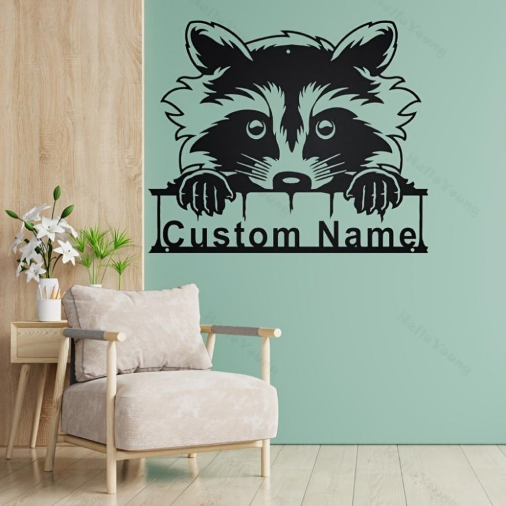 Personalized Raccoon Metal Wall Art, Custom Family Name Sign for Home Kitchen Garden Decor