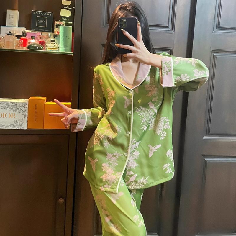 Fashion New Chinese Retro Ice Silk Pajamas Women'S Autumn Long-Sleeved Suit High-End Silk Loungewear Suit