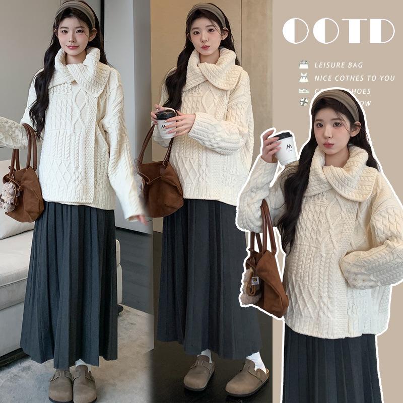 

Dark Gray Maternity Knit Cardigan and Half Skirt Set - Autumn/Winter Heavy Cable Knit Sweater Coat L