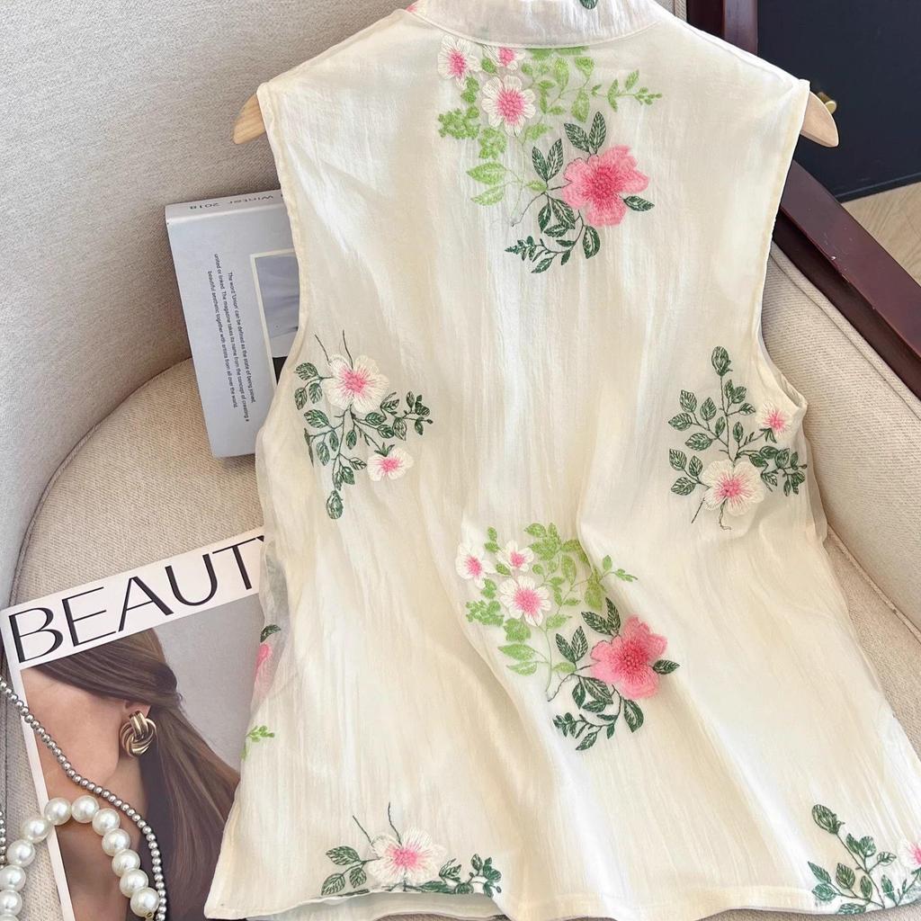 Thin embroidered vest vest women's summer new loose niche fashion vest stand-up collar shirt