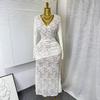 Autumn French Elegant Sexy Lace Hollow V-Neck Long Sleeve Waist Skinny Fishtail Dress Long Dress Women