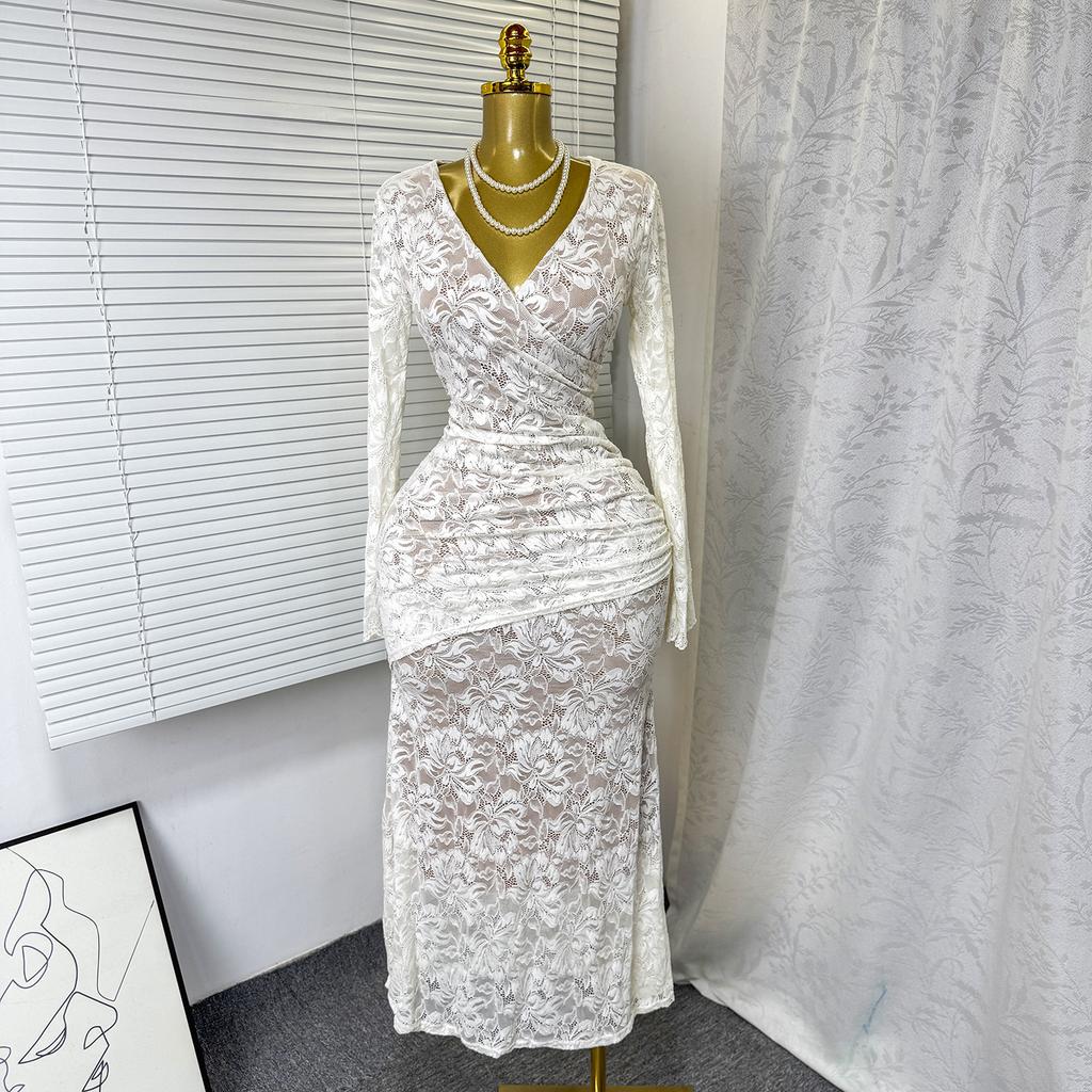 Autumn French Elegant Sexy Lace Hollow V-Neck Long Sleeve Waist Skinny Fishtail Dress Long Dress Women