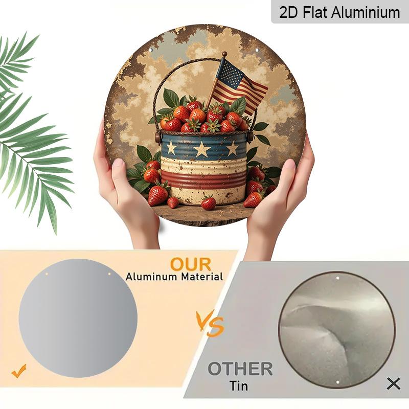 2D Flat, 1pc Retro American-Style Strawberry Basket Wall Art- Rustic Aluminum Metal Sign with Patriotic Stars And Stripes Pattern, Indoor/Outdoor
