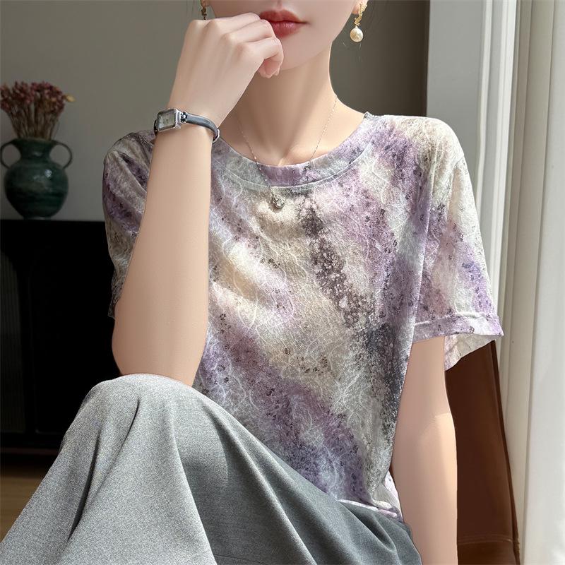 Women's Ink Wash Tie-Dye Short Sleeve Top - Loose Fitting, Slimming, Round Neck Base Layer