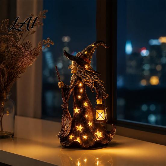 Rustic Festive Desk Accessory Halloween Witch Figurine with Star Light Resin Tabletop Nightlight Lantern Vintage Theme Party Prop Wizard Hat