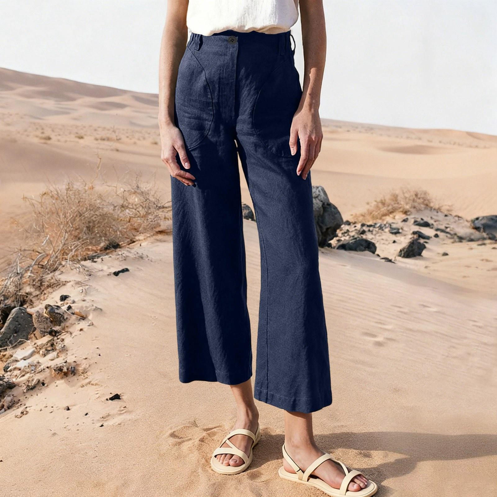 

Linen Pants For Women Drawstring Elastic Waist Pants Casual Loose Trousers With Pockets S Темно-синій
