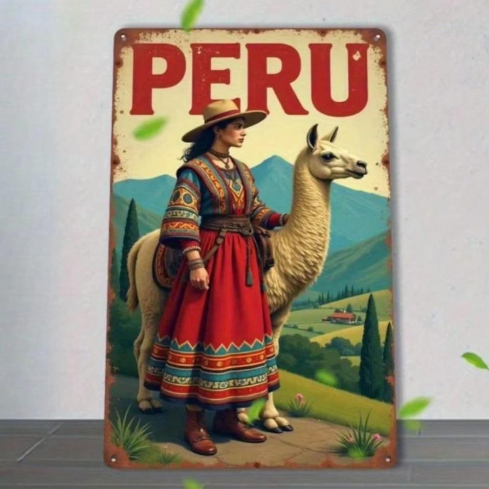Vintage Peruvian Landscape with Lamas Metal Poster Wall Art Decor for Living Room
