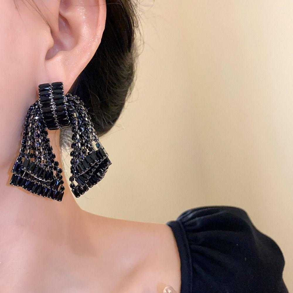 Crystal Bowknot Drop Earrings Tassel Exaggerated Earring Luxury Shining Rhinestone Earrings  Gift