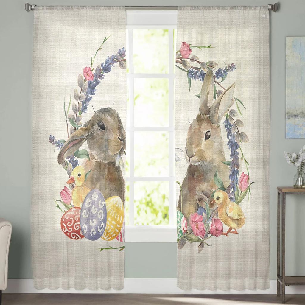 Osterhasen-Ei-Blumen-Tüllvorhänge für Wohnzimmer, Schlafzimmer, Voile, transparenter Vorhang, Fenster, Heimdekoration, Vorhänge