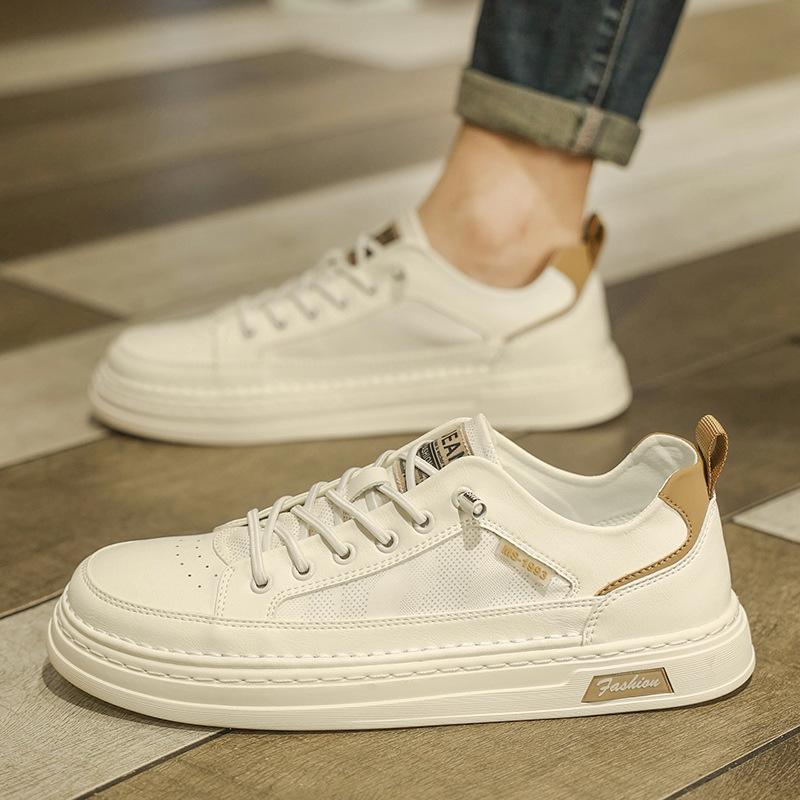 Breathable Men's Flat Bottom Casual Shoes Summer New Style Sporty Trendy White Synthetic Leather Sneakers Rubber Outsole