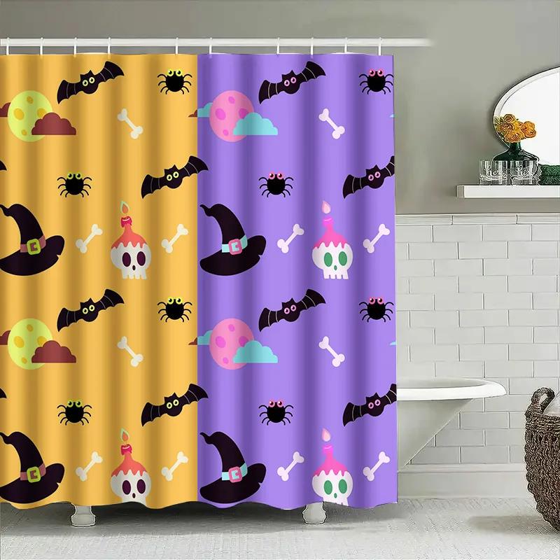 Hauntingly Cute Halloween Shower Curtain Set With Bat Skull Cupcake Pattern For Kids Bathrooms Purple Yellow Colors Available