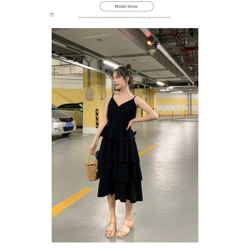

100.00kg Export Oversize Women s Clothing Plus Size Ladies Sling Mid-Length Cake Ruffles Dress Beach Vacation Style Black L