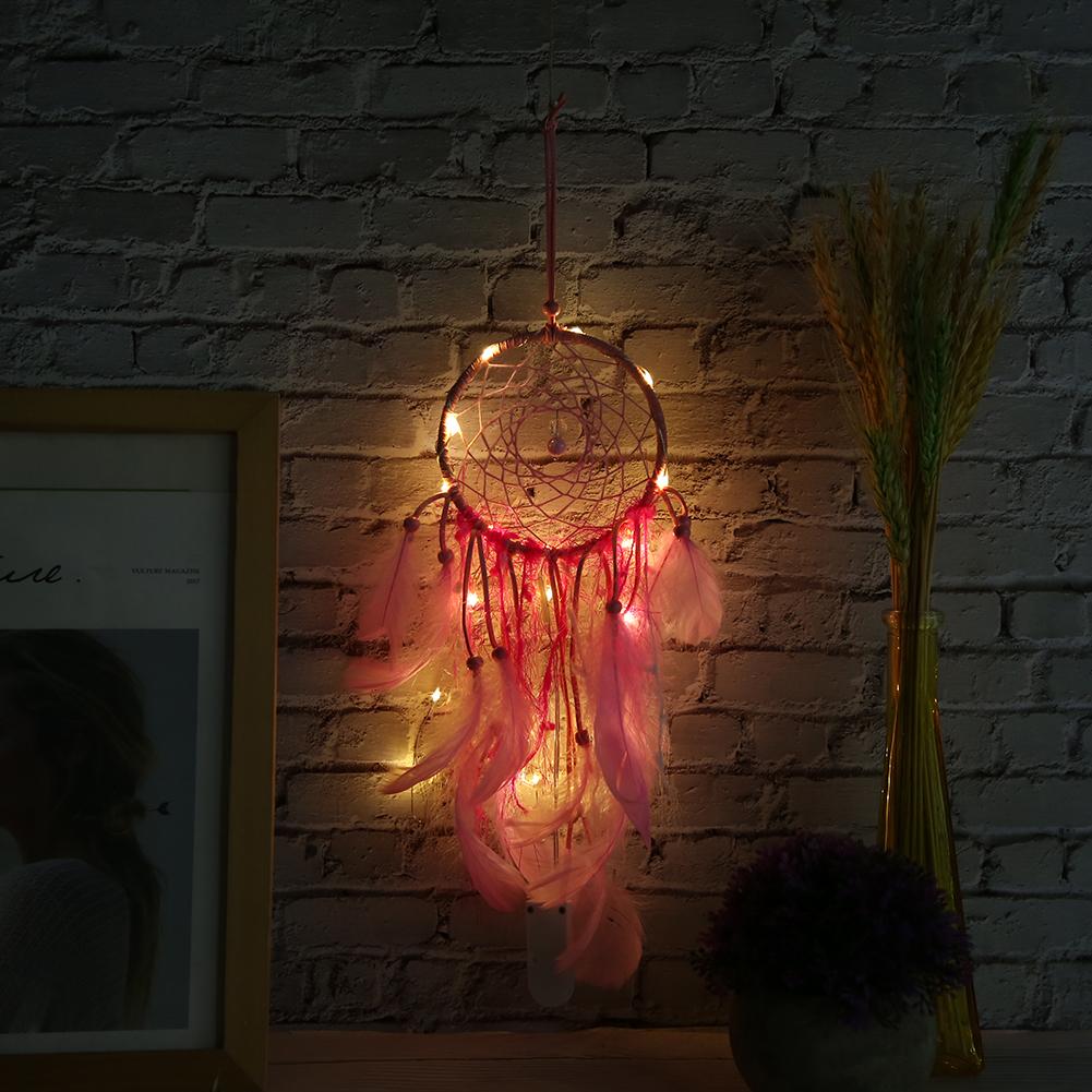 Wall Hanging Pink Feather Dreamcatcher Pendant Gift with Night Light for Home Party Decoration