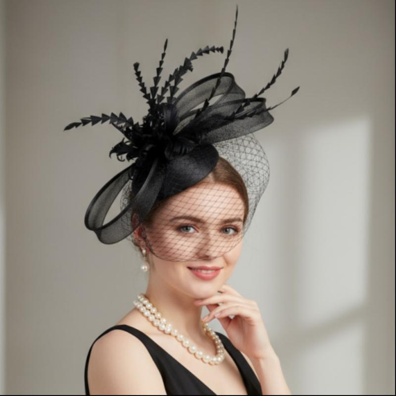 Ladies Feather Hair Pillbox Fascinator Hat Women Elegant Royal Mesh Headwear Ladies Event Wedding Veils Fascinators