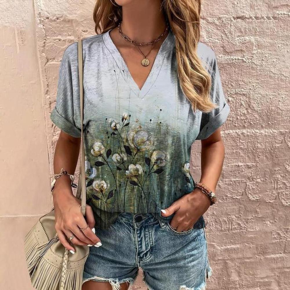 

Винтажная женская футболка с цветочным принтом, топы в стиле Харадзюку, модная блузка с v-образным вырезом, летняя повседневная одежда, негабаритные дешевые футболки, женская повседневная рубашка 8XL