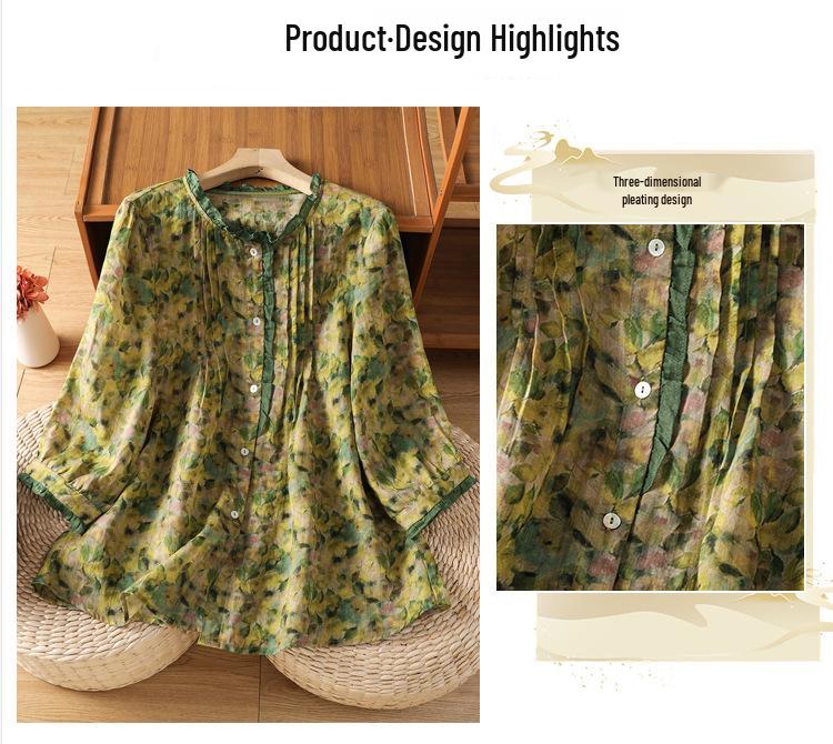 2026 Plus Size Women's Pure Ramie Summer Loose Green Top