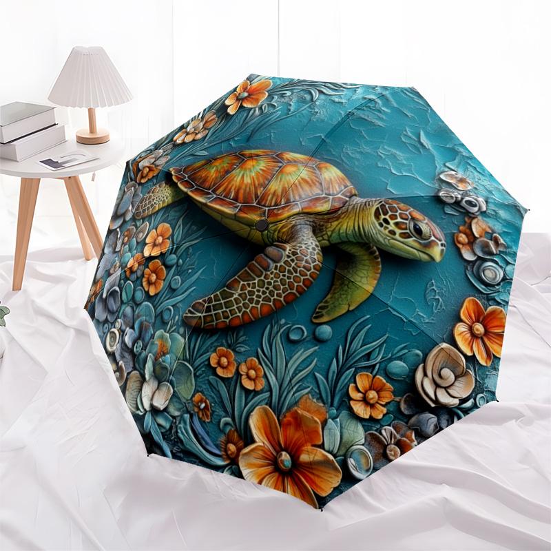 0106 Embossed Floral Marine Animals Pattern, Automatic Folding Umbrella, Portable and Foldable Design, 8 Ribs, a Christmas or Birthday Gift.