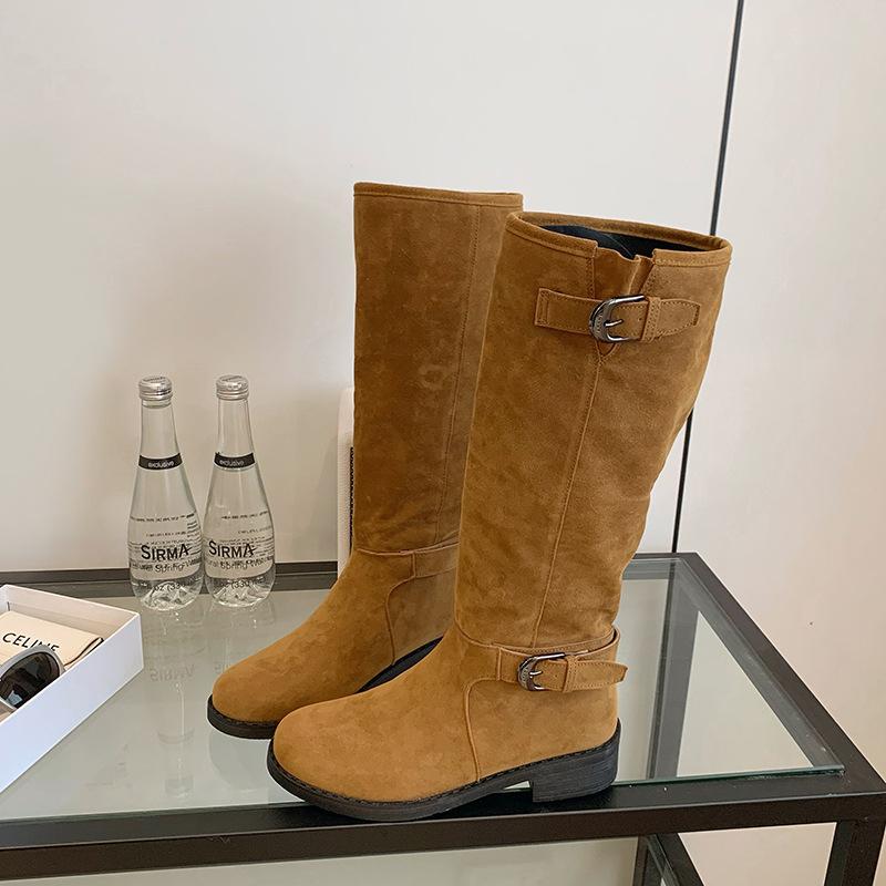 Cowhide Version~ Dong Jie's Same Splicing Pile Boots for Women's Autumn and Winter 2025 New Knight Boots Retro Wind Boots