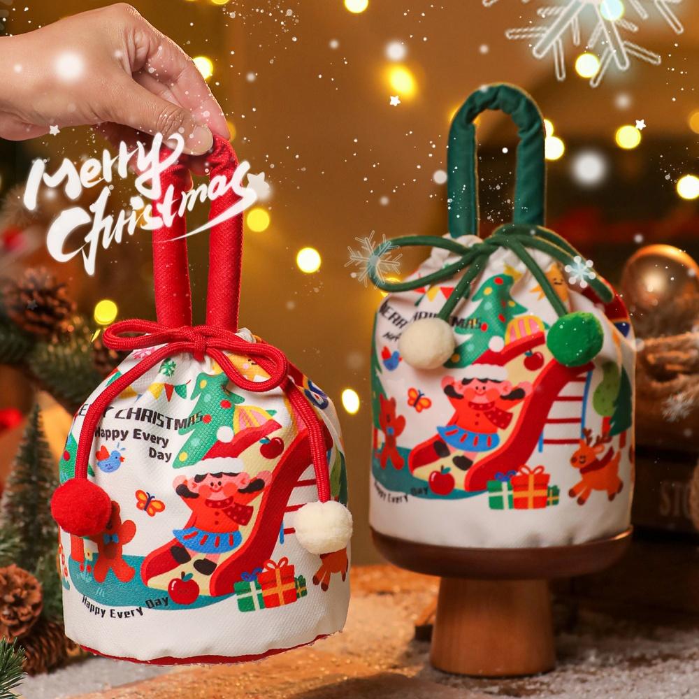 Christmas Gift Bags Cartoon Candy Bag with Bow Biscuits Apple Packaging Box Children's Drawstring Pouch Party Supplies Storage