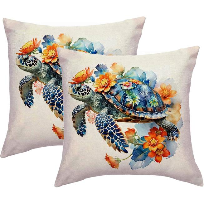 Watercolor Sea Turtle Throw Pillow Covers with Flowers 18 x 18 Inch Coastal Decorative Pillow Cases Summer Ocean Beach House Decor Cushion Covers 18  x 18  (Pack of 2) оранжевый