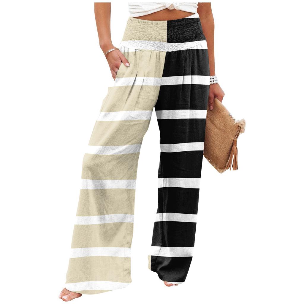 Women's Summer Elastic Waist Striped Printed Cotton And Linen Loose Trousers