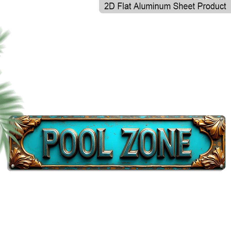 2D Flat, 1pc Vintage Aluminium Decorative Sign, A Captivating Wall-Mounted Decoration Called POOL ZONE with A Frame of Golden Leaves. It Is Suitable